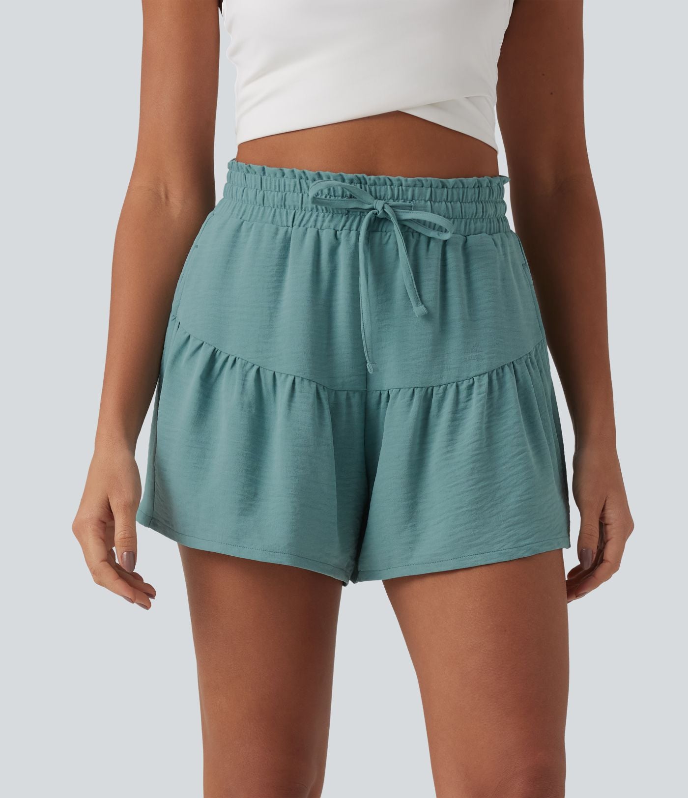 Short casual taille haute aspect lin volants avec cordon de serrage et poches 9 cm