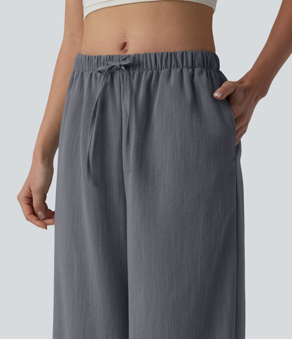 Pantalon large décontracté taille mi-haute avec cordon de serrage aspect lin avec poches
