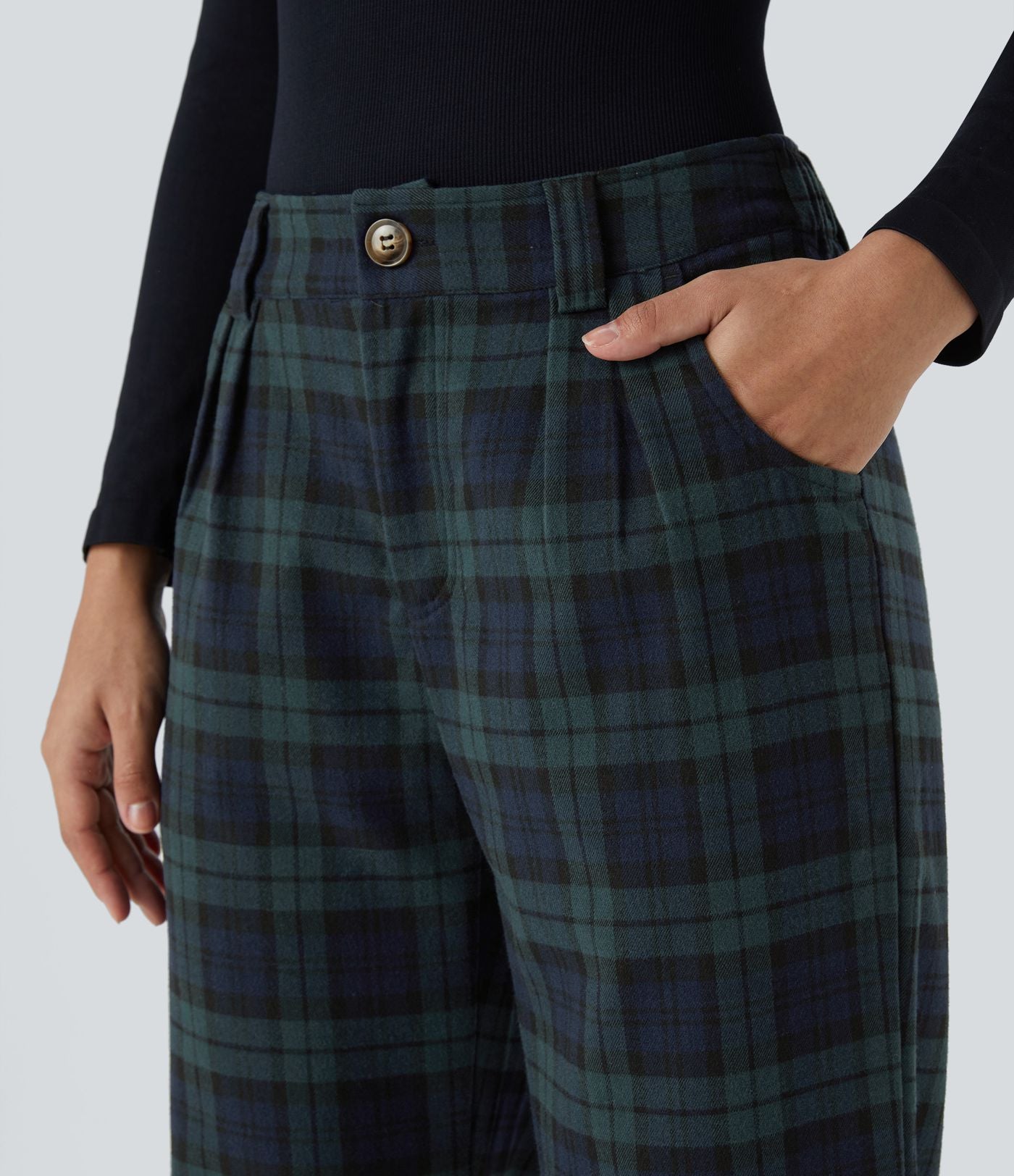 Pantalon Casual à Carreaux Taille Moyenne Avec Fermeture Eclair et Poche Latérale à Jambe Droite