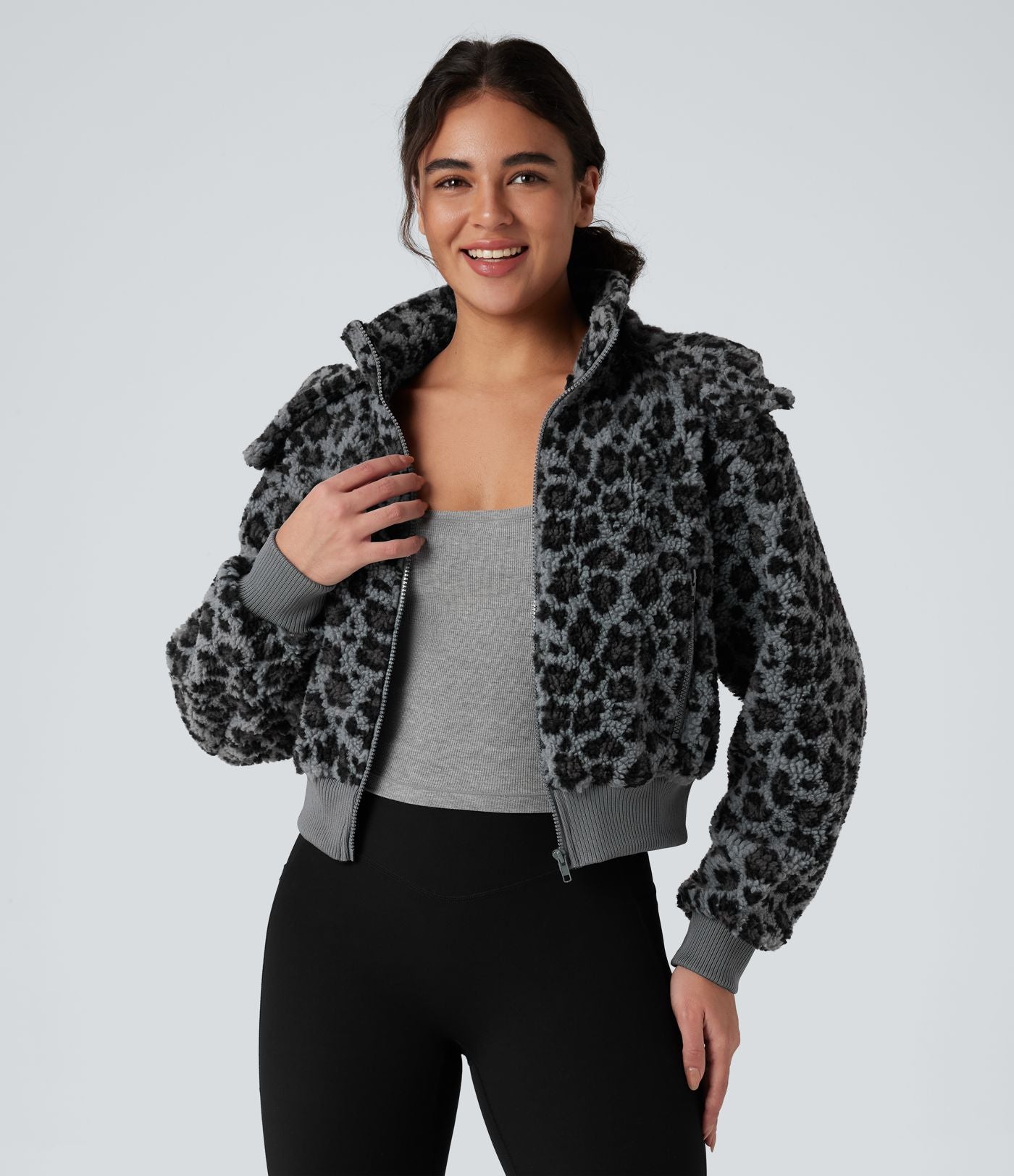 Veste sherpa imprimée léopard capuche amovible avec poches