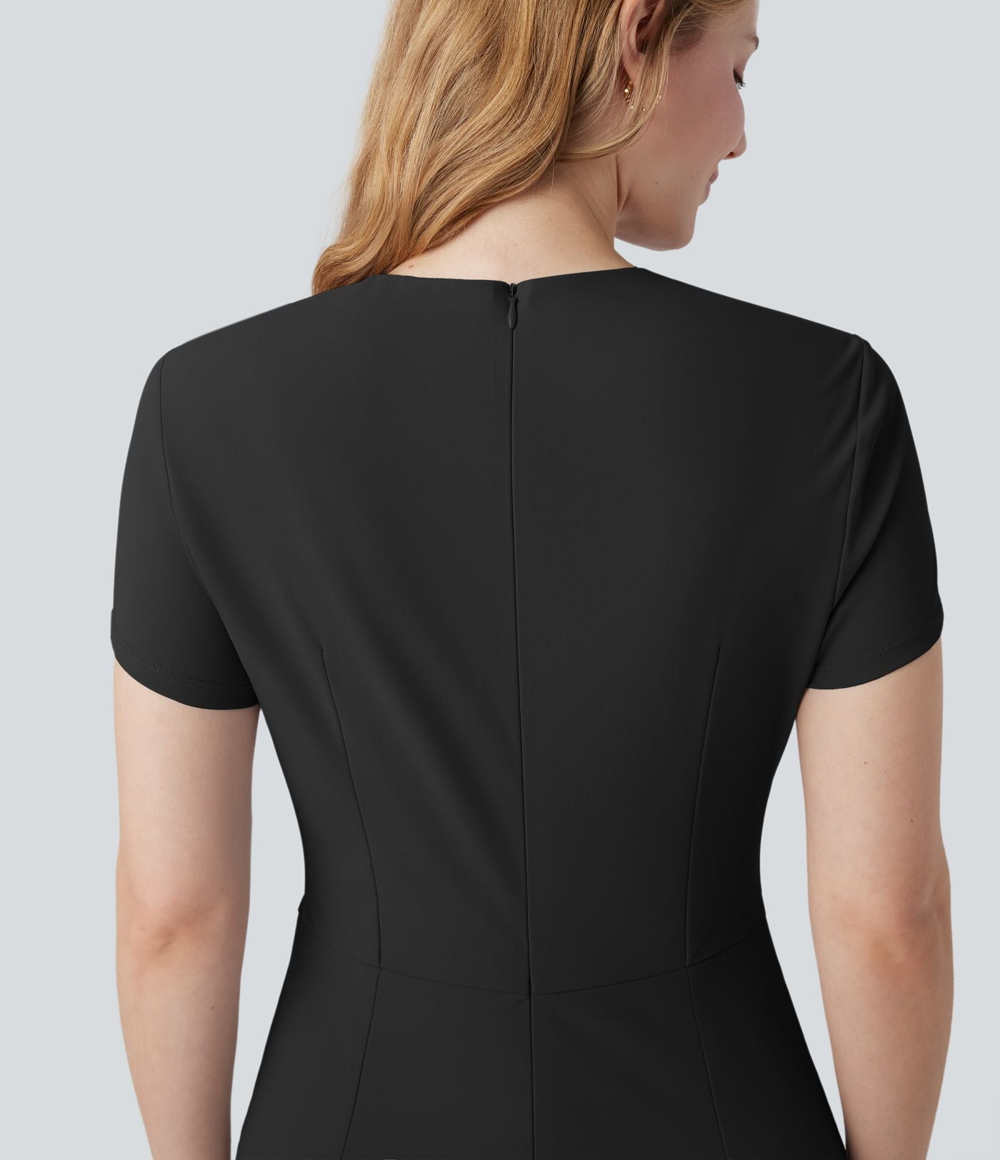 Robe de travail mi-longue anti-froissage à col V et manches courtes