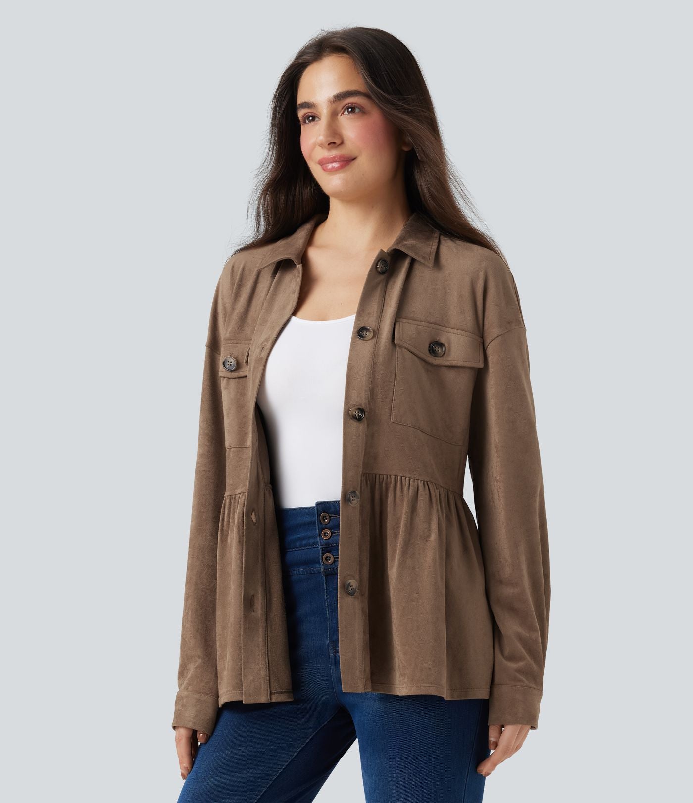 Veste-chemise décontractée effet daim manches longues à ourlet volants avec poches