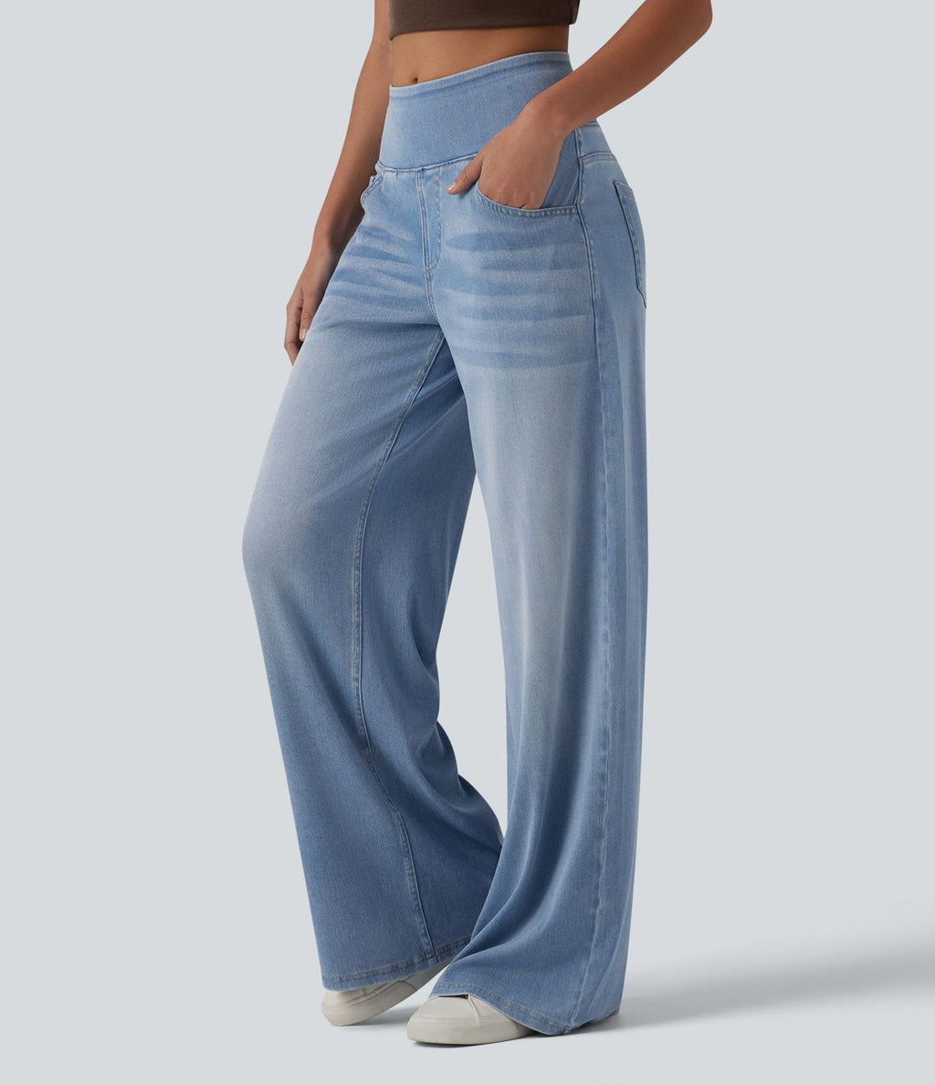 Halara Flex™ Jean large casual baggy taille mi-haute en lyocell drapé effet délavé, avec poches