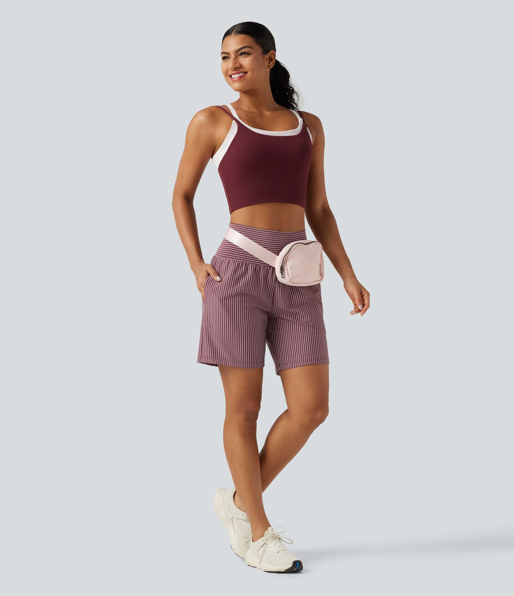 Short yoga 2-en-1 à rayures taille super haute 17,5 cm avec poches