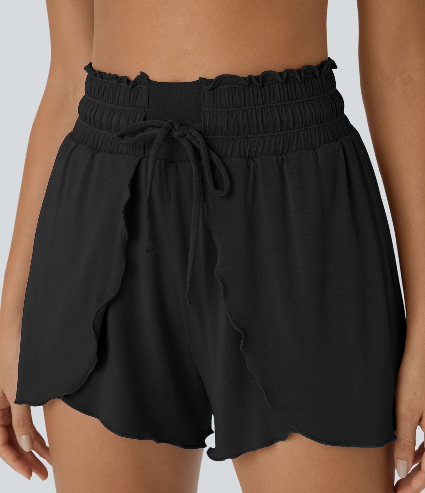 Short Casual 7,5cm Empilé Taille Haute Bordures Volantées Taille Élastique Cordon de Serrage