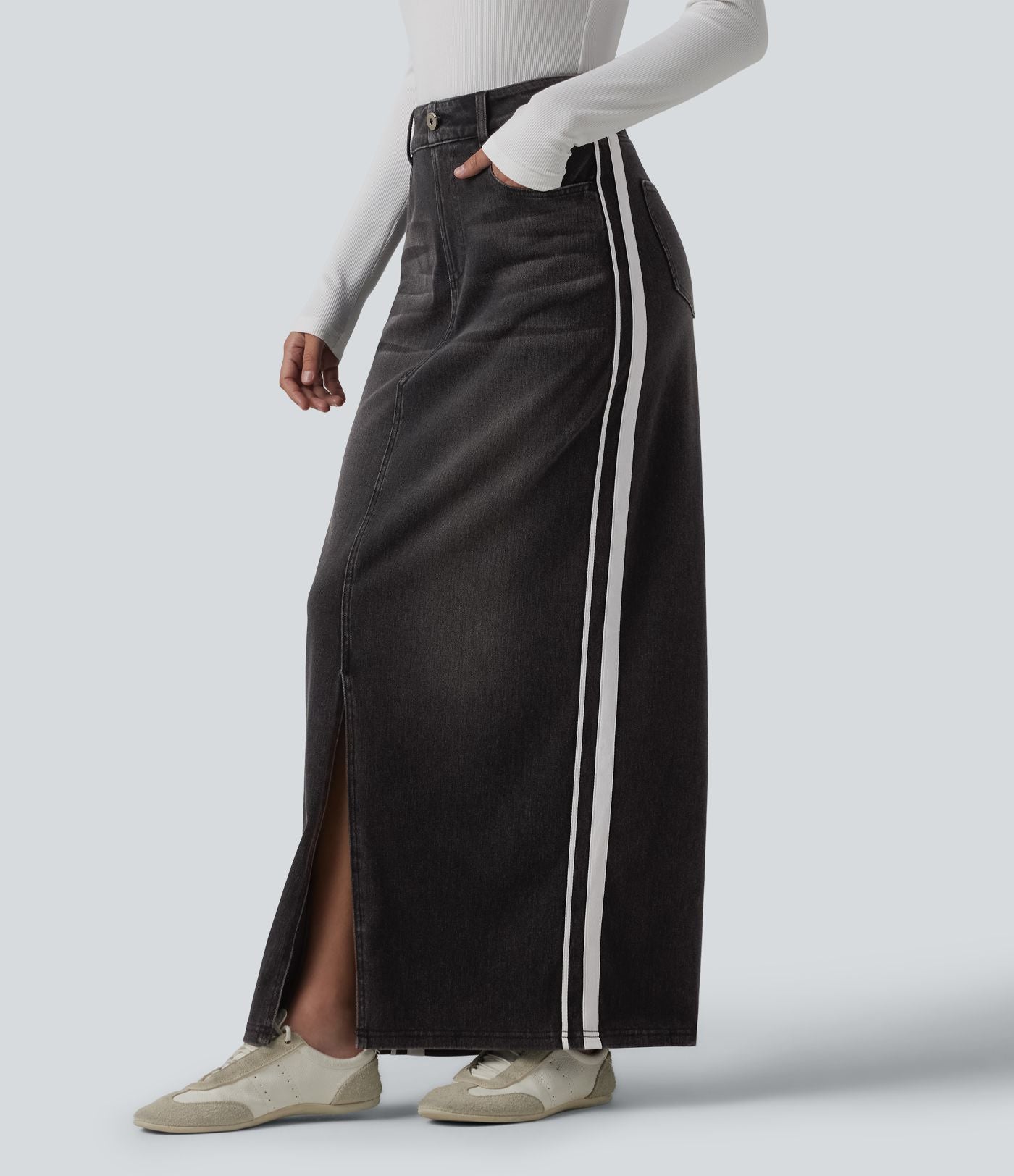 Jupe en jean longue décontractée délavée à rayures taille haute Halara Flex™ avec poches