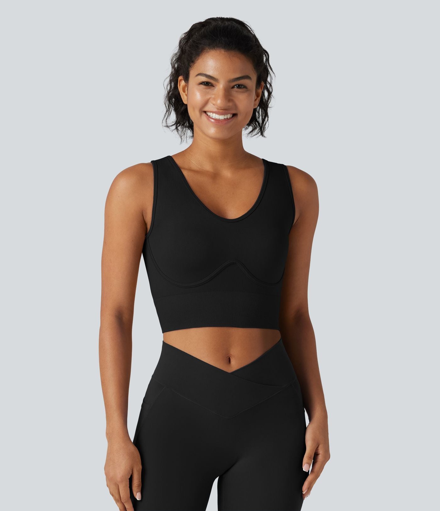OneForm Seamless Flow Débardeur de yoga court col V avec brassière intégrée et laçage