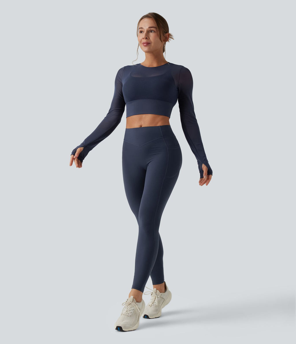 Haut de sport yoga cropped 2-en-1 manches longues mesh contrastant à trous pouces