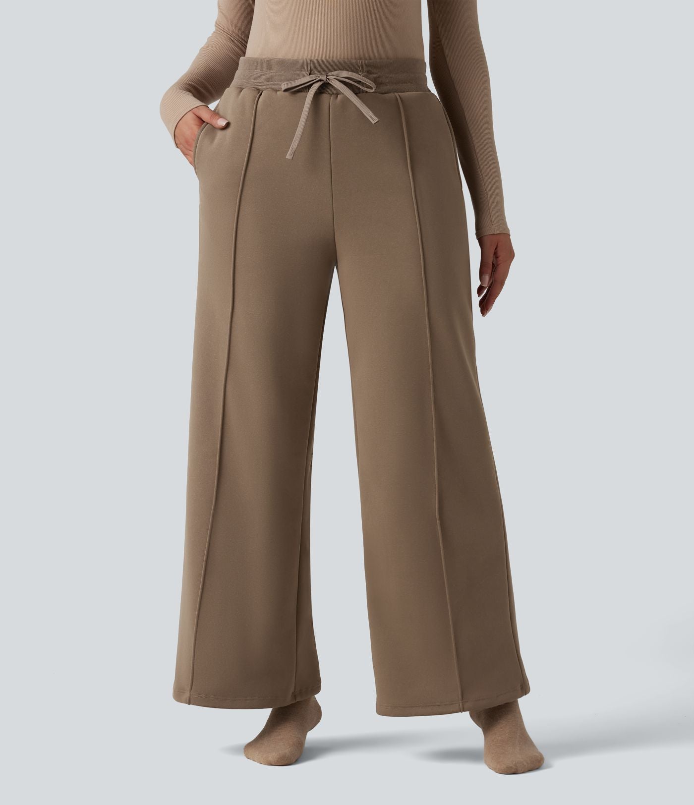 Pantalon thermique coupe droite taille haute avec cordon de serrage et poches
