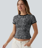 T-shirt casual ringer imprimé léopard col rond à manches courtes