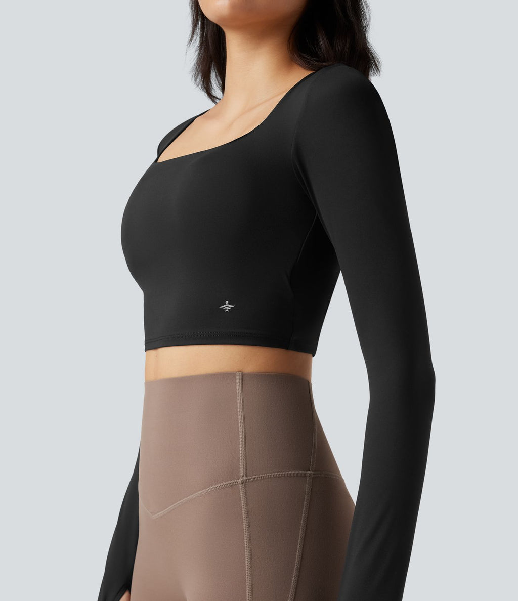 Haut de sport yoga court SoftlyZero™ Airy dos nu croisé col carré effet frais InstantCool manches longues avec passe-pouces, protection solaire UPF50+