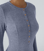 Robe de Casual Maxi Manches Longues Évasées et Boutons au Col Rond