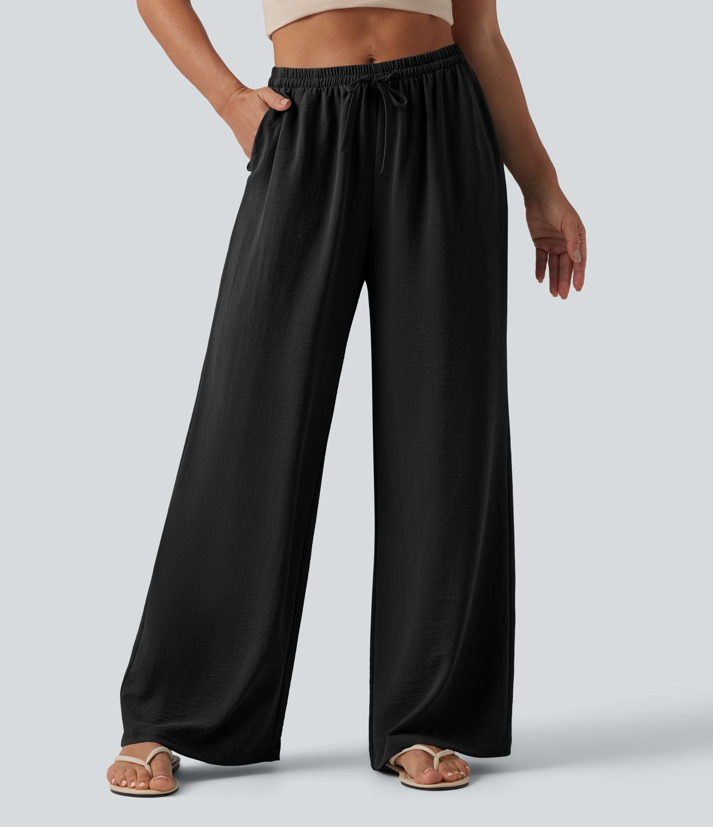 Pantalon large décontracté taille mi-haute avec cordon de serrage aspect lin avec poches