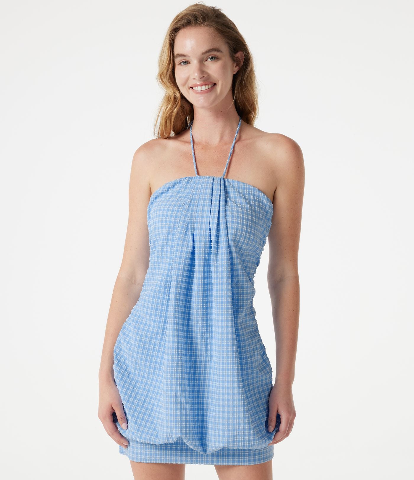 Robe micro-mini de plage moulante à carreaux vichy col halter avec brassière intégrée et lien noué au dos