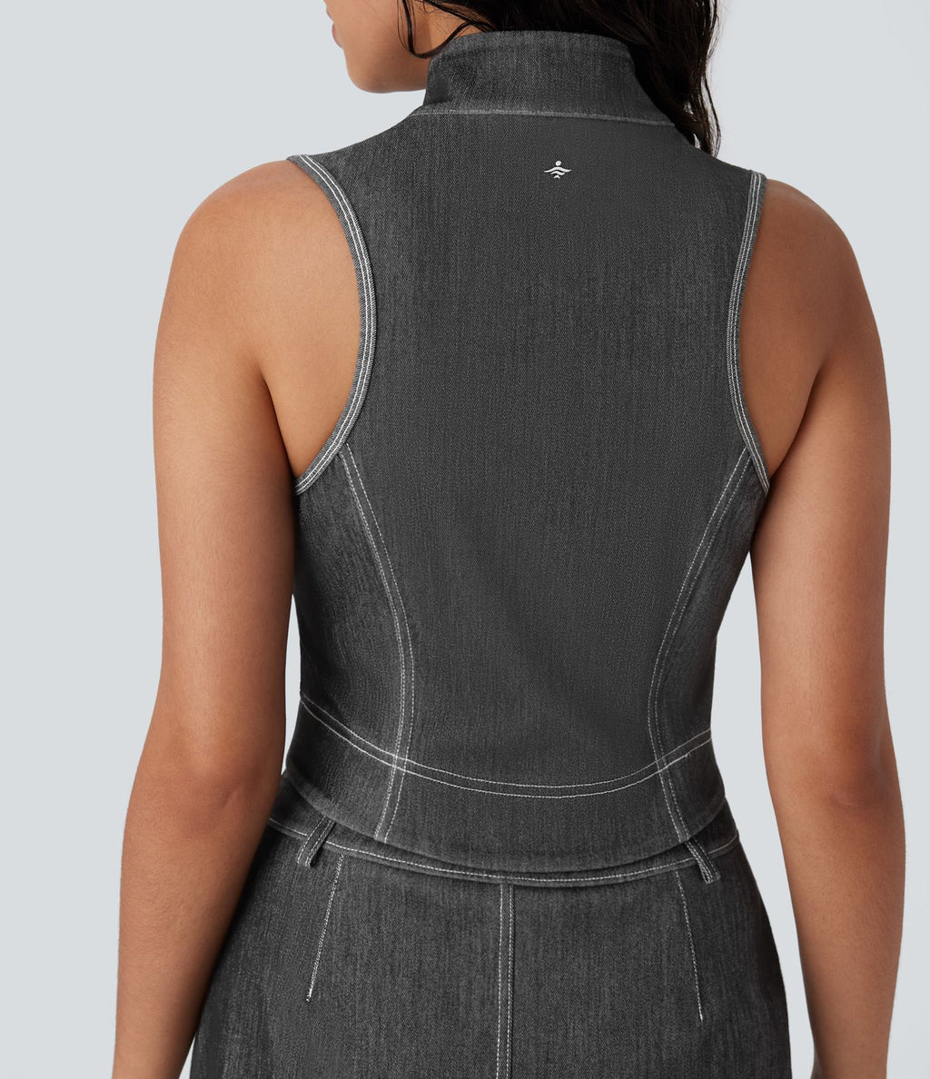 Débardeur de tennis Halara Flex™ en denim stretch délavé avec col montant, fermeture éclair et effet frais InstantCool