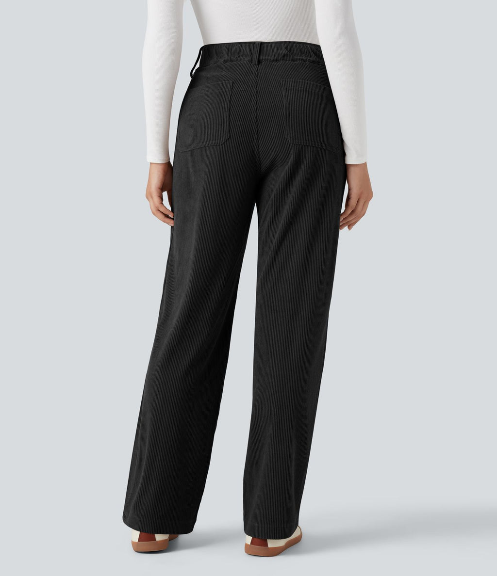 Pantalon décontracté droit taille haute en velours côtelé avec poches