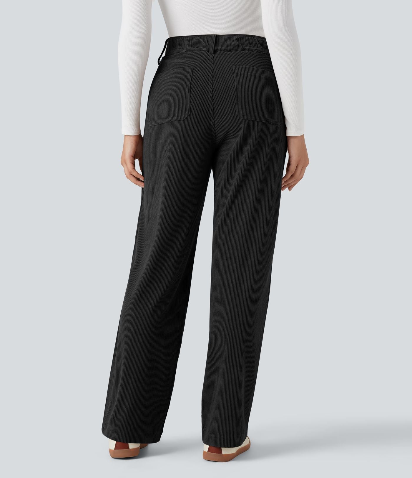 Pantalon décontracté droit taille haute en velours côtelé avec poches
