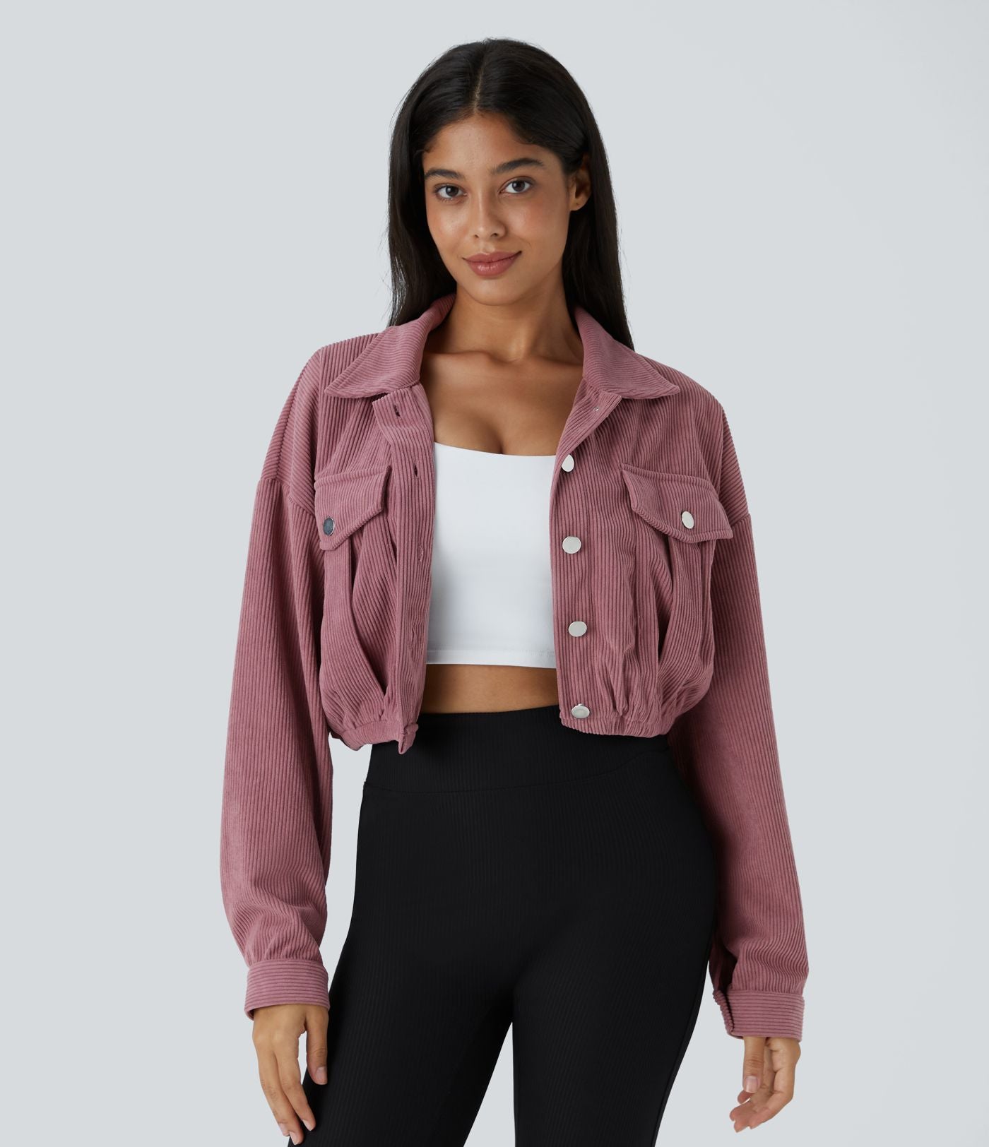 Veste Casual en Velours Côtelé à Boutons Poches Col Court