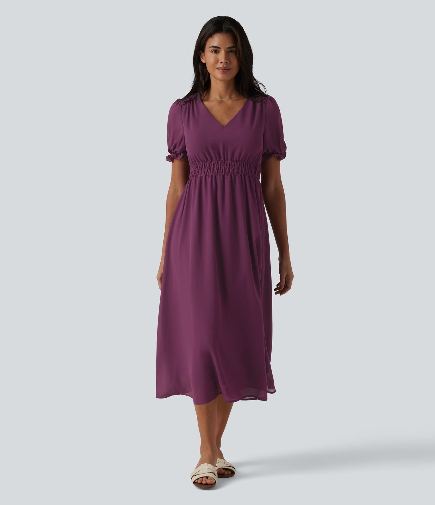 Robe décontractée fluide mi-longue col V manches bouffantes taille froncée