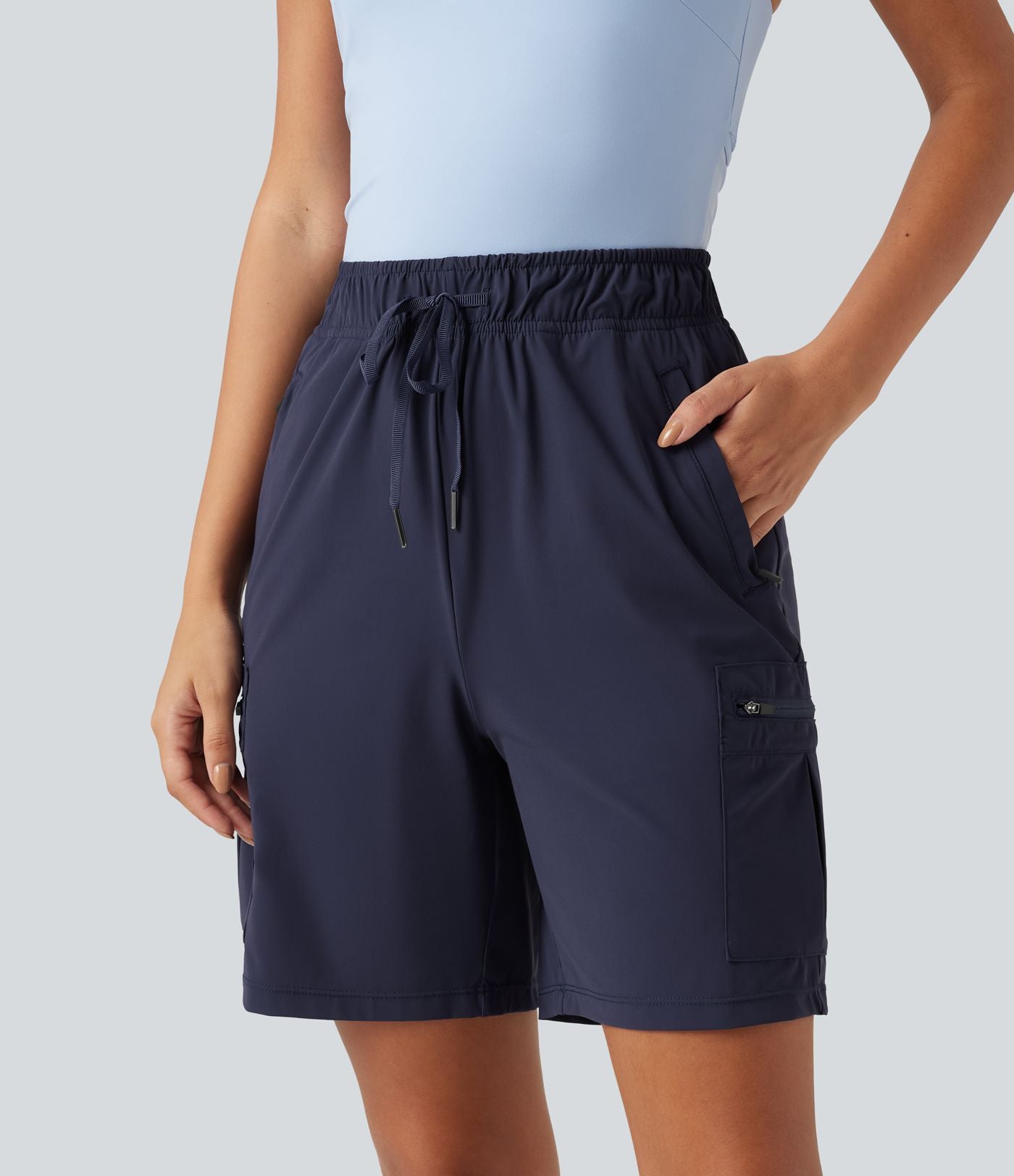 Bermuda cargo décontracté taille haute à cordon de serrage, séchage rapide, effet frais, protection solaire UPF 40+, 17,5 cm, avec poches