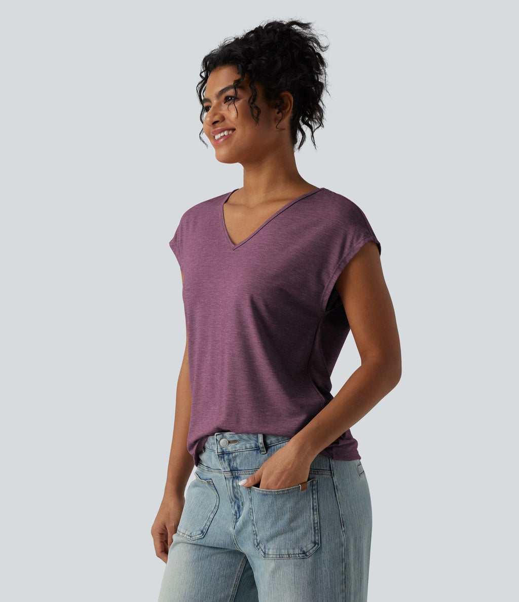 T-shirt décontracté chiné ample à manches courtes et col V