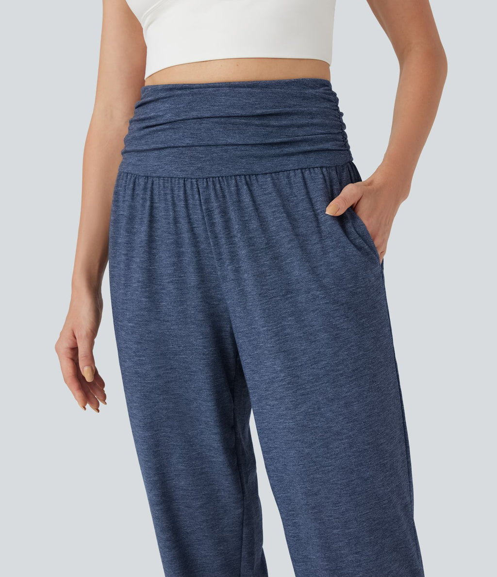 Jogging taille haute froncé chiné avec poches