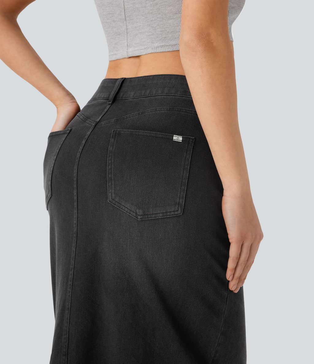 Halara Flex™ Jupe en Jean longue décontractée extensible délavé taille moyenne avec fente et multiples poches