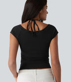 Halara T-shirt casual 2 en 1 en jersey de coton manches courtes dos noué froncé