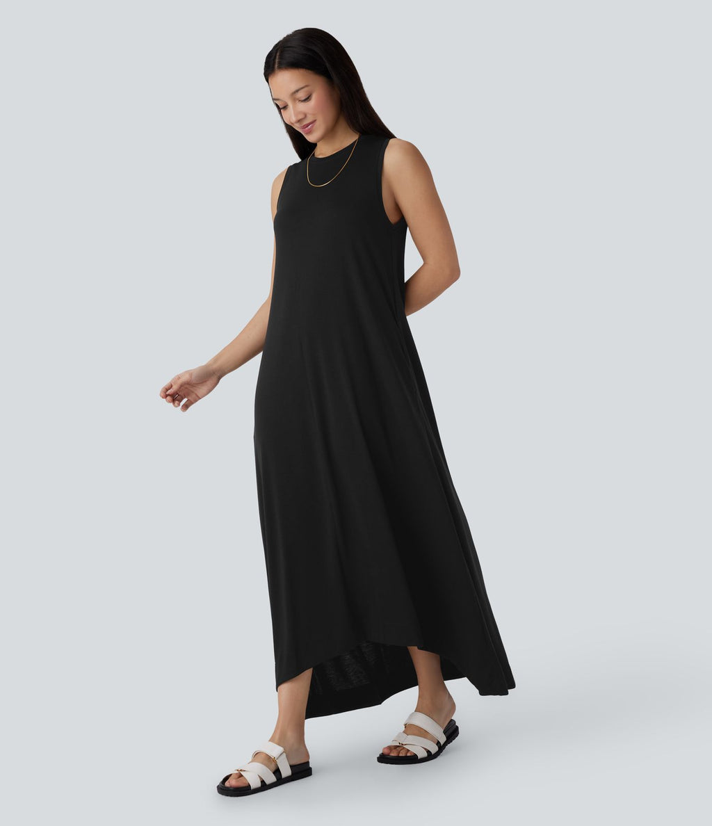 Robe longue décontractée fluide à col rond, sans manches, poches latérales et ourlet asymétrique