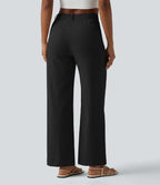 Pantalon taille haute coupe droite effet lin avec poches