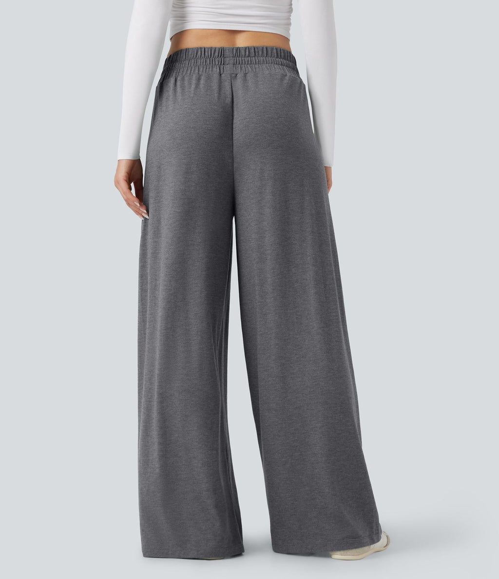 Pantalon large décontracté chiné taille mi-haute avec cordon et poches
