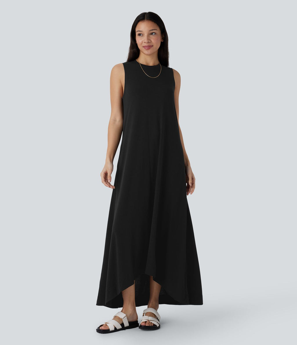 Robe longue décontractée fluide à col rond, sans manches, poches latérales et ourlet asymétrique