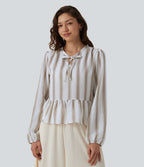 Blouse aspect lin à rayures manches longues ourlet à volants à nouer devant