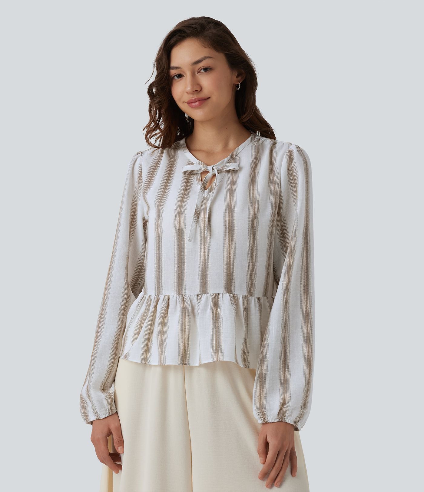 Blouse aspect lin à rayures manches longues ourlet à volants à nouer devant