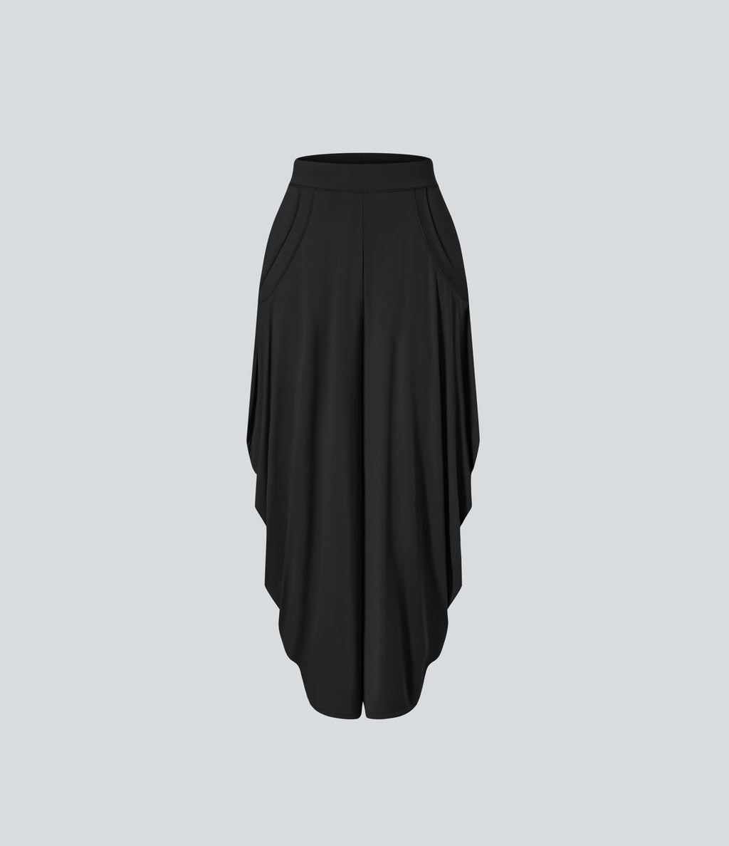 Pantalon décontracté drapé à poches multiples et taille moyenne, jambe large