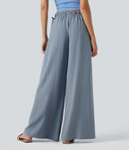Pantalon baggy fluide casual en mélange de lin taille mi-haute à volants avec cordon et poches