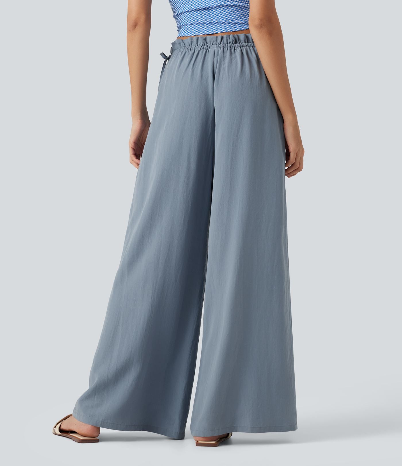 Pantalon baggy fluide casual en mélange de lin taille mi-haute à volants avec cordon et poches