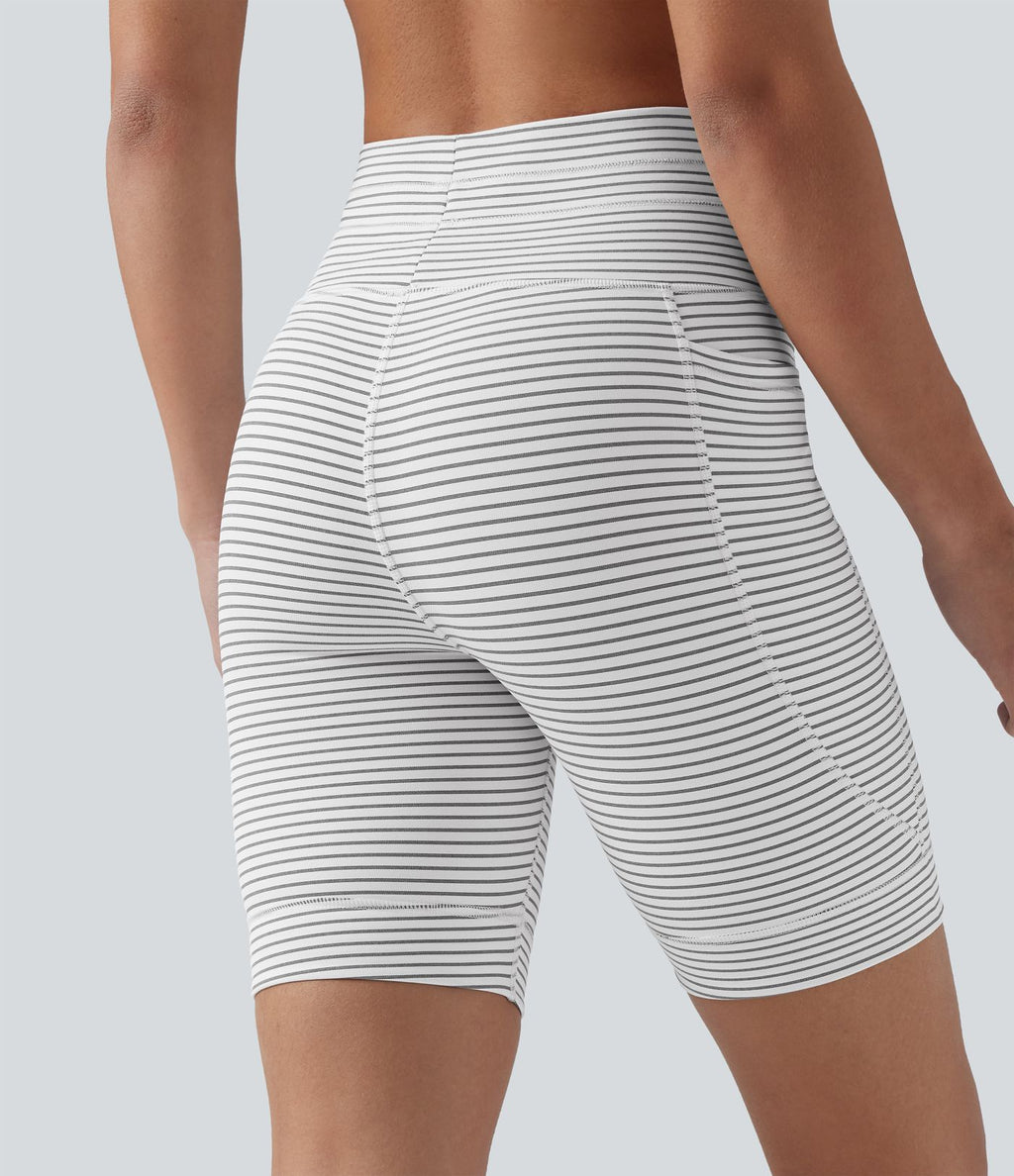 Short cycliste de yoga taille haute à rayures avec cordon de serrage 17,5 cm et poches