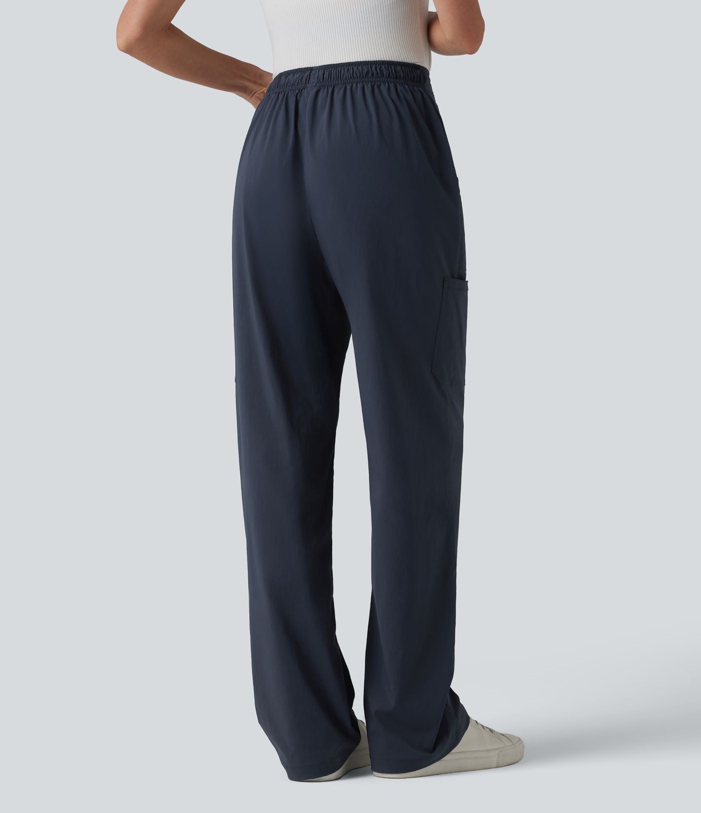 Pantalon cargo droit taille mi-haute avec cordon de serrage, longueur ajustable et poches