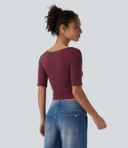 T-shirt décontracté côtelé col rond échancré manches courtes