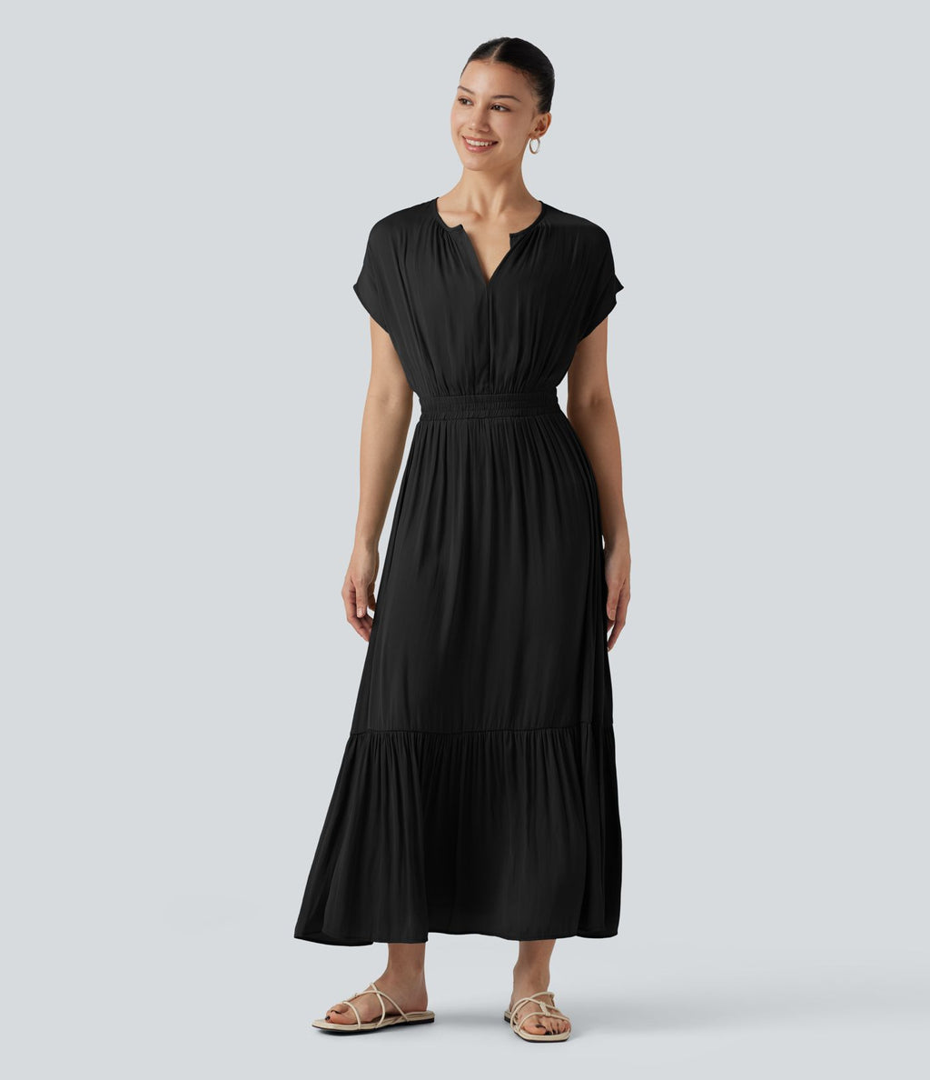 Robe midi décontractée fluide, col V, manches courtes
