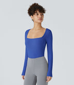 Bodysuit de Travail Tricot Côtelé Col Carré Manches Longues Boutonné Silhouette Élancée