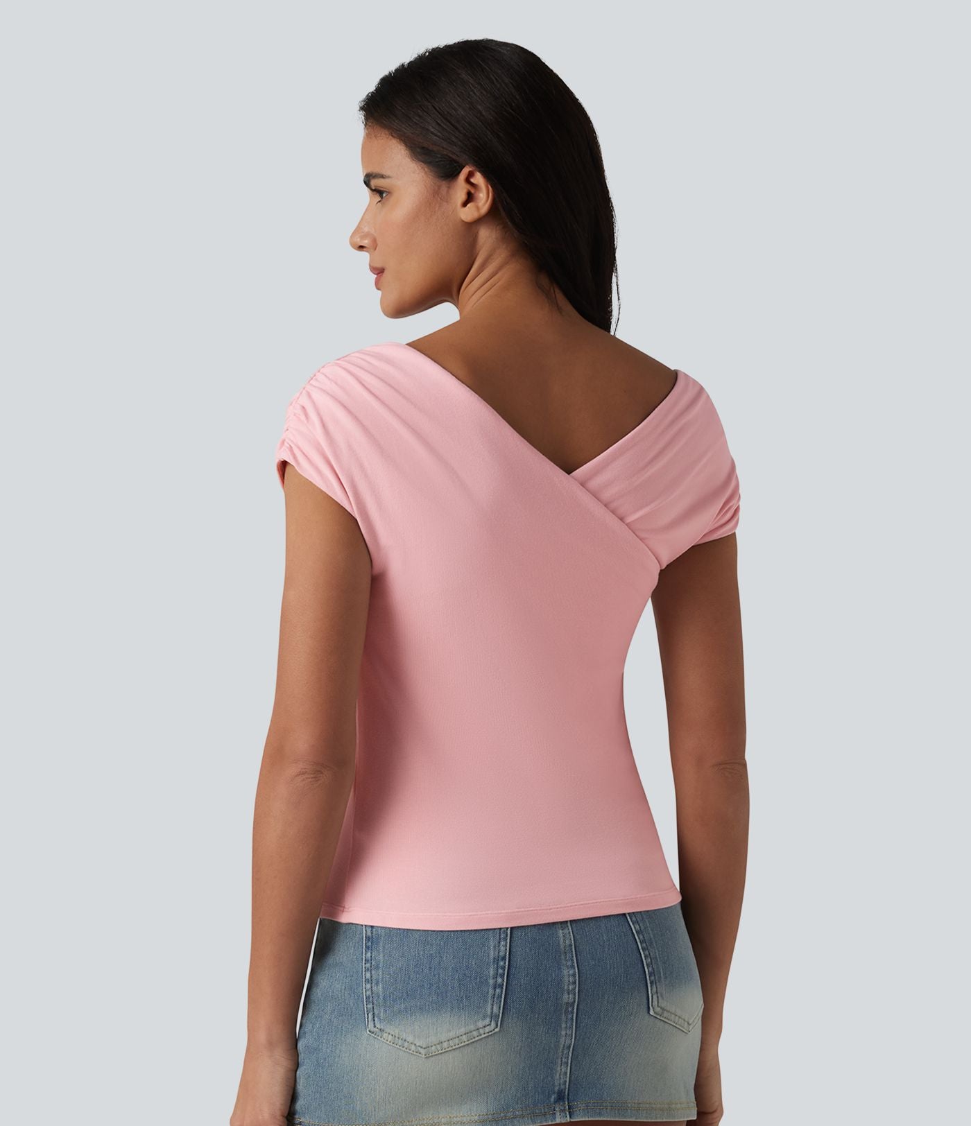 T-shirt casual en maille côtelée à manches courtes avec soutien-gorge intégré