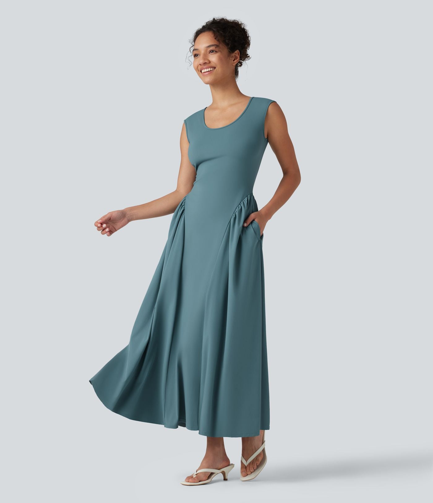 Robe longue casual fluide col U sans manches avec poches