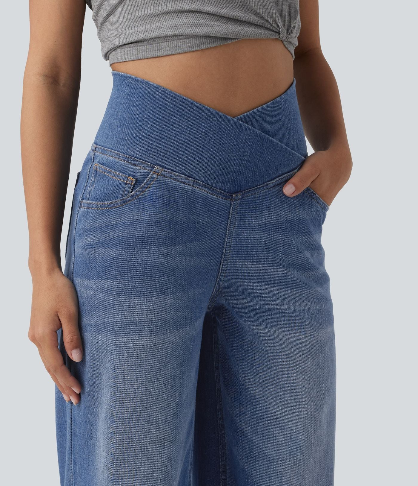 Halara Flex™ Jean large casual taille haute croisée ventre plat, avec poches