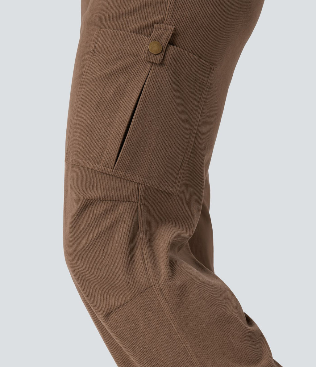 Pantalon jogging cargo velours côtelé coupe droite taille mi-haute avec cordon de serrage et poches