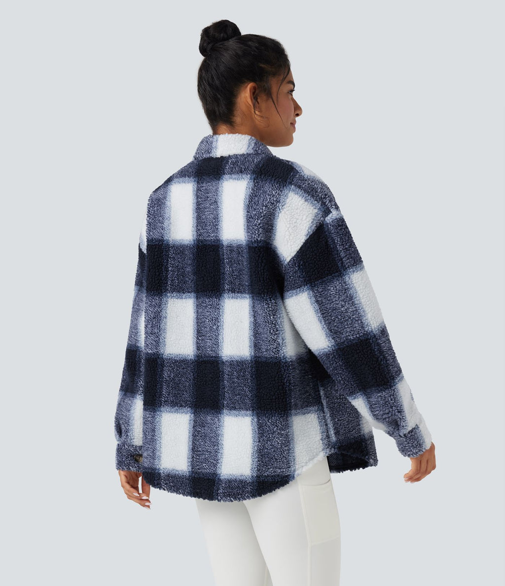 Veste-chemise sherpa col ourlet arrondi manches longues avec poches
