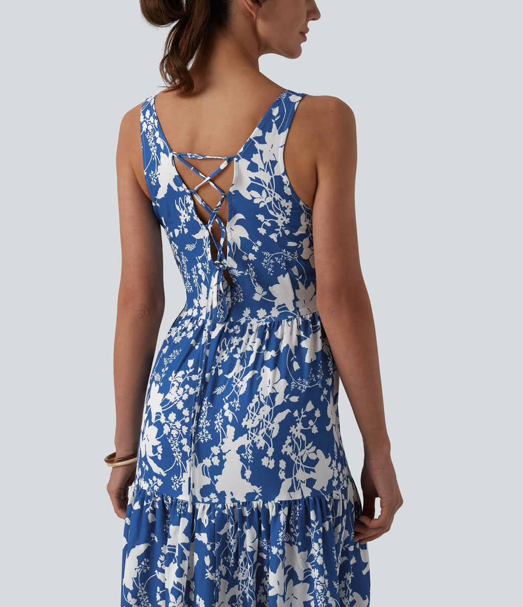 Robe longue resort décolleté cœur sans manches imprimé floral avec laçage