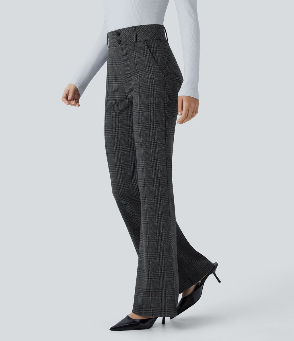 Halara Flex™ Pantalon tailleur évasé à carreaux pied-de-poule, taille haute avec boutons décoratifs et poches latérales