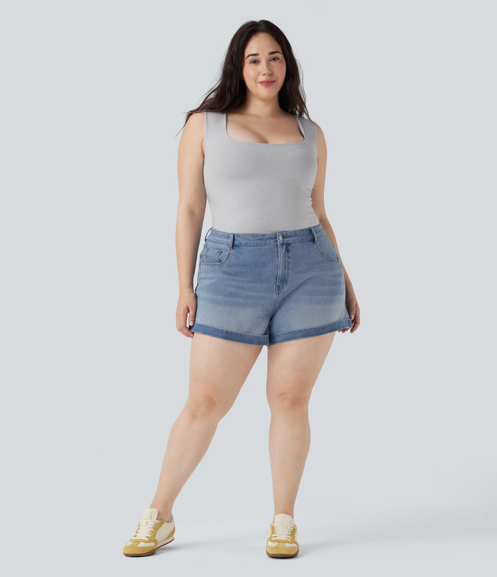 Short décontracté Halara Flex™ grande taille taille mi-haute bouton fermeture éclair en denim maille extensible multiples poches 7,5 cm